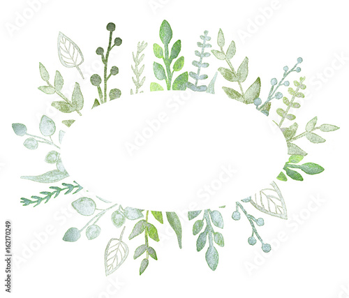 Oval frame with pearl green branches and leaves. Greeting, invitation card, cover of notebook