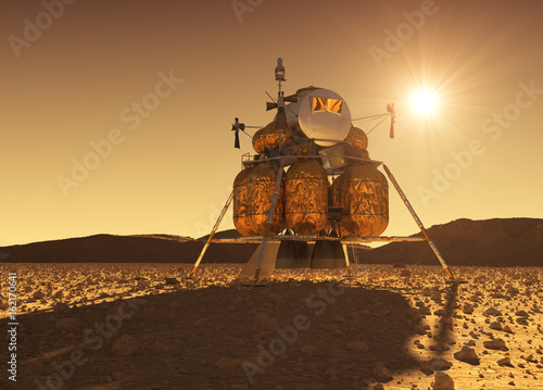 Fototapeta Naklejka Na Ścianę i Meble -  Descent Module Of Interplanetary Space Station On The Background Of Martian Sun