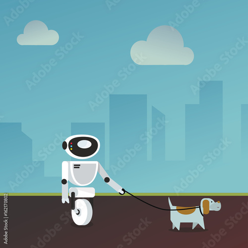 Domestic robot walking the dog. Personal robot assistance futuristic concept illustration vector.