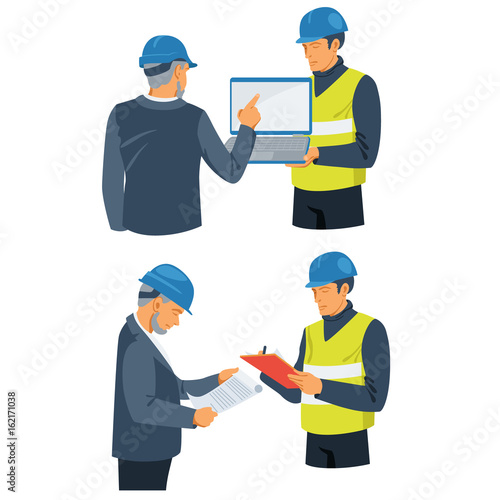 Businessman and foreman involved in construction project / There are pair of pictures where businessman in hard head and foreman in work clothes are planning the construction project

