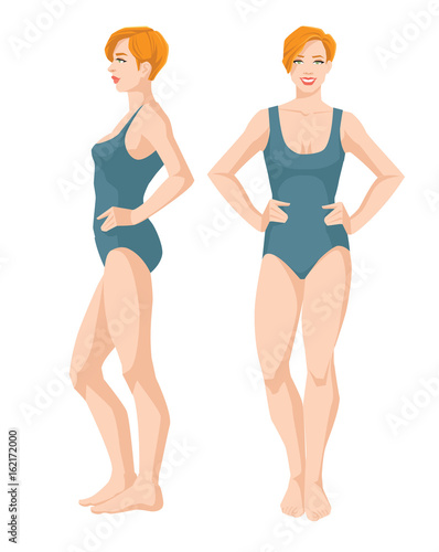 Vector illustration of beautiful woman in swimsuit on white background. Various turns woman's figure. Front view and side view.
