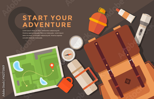 Flat vector banner on theme of hiking tourism. Outfit of traveler: backpack, thermos, map, mug, compass, lantern. Sports, adventures in nature, outdoor recreation.