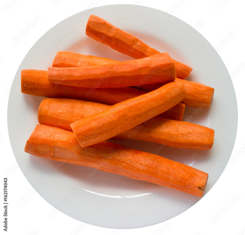 peeled red carrots on a white plate, isolate peeled red carrots on a white plate, isolate