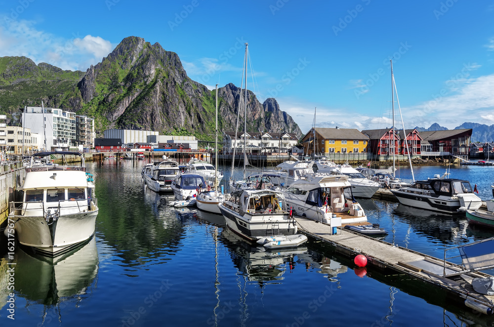 Scenic view of the waterfront harbor in Svolvaer in summer.