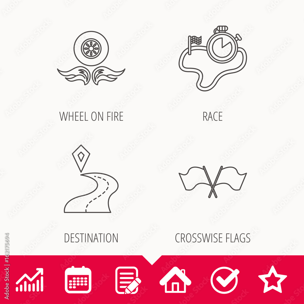 Race flags, timer and destination pointer icons. Wheel on fire linear sign. Edit document, Calendar and Graph chart signs. Star, Check and House web icons. Vector