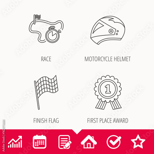 Race flag, motorcycle helmet and award medal icons. Start or finish flag linear sign. Edit document, Calendar and Graph chart signs. Star, Check and House web icons. Vector