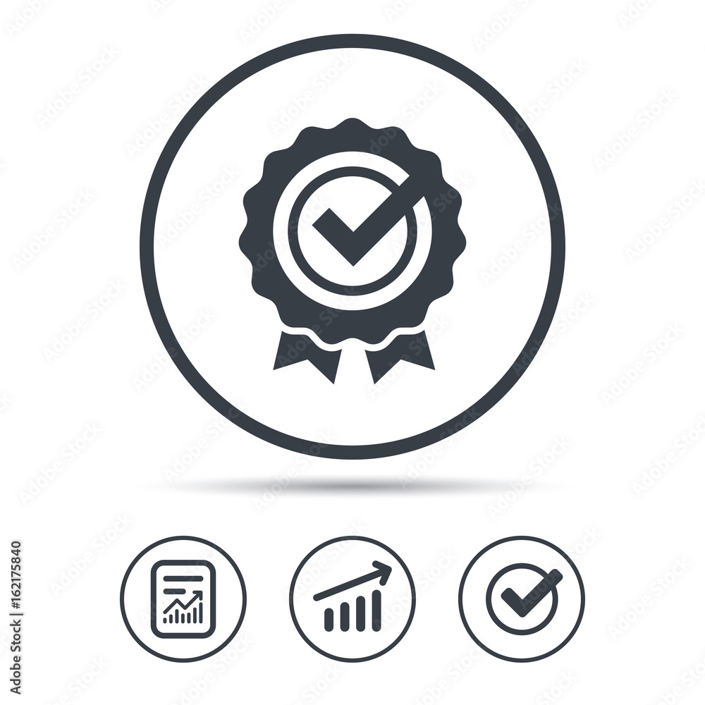 Award medal icon. Winner emblem with tick symbol. Report document, Graph chart and Check signs. Circle web buttons. Vector Award medal icon. Winner emblem with tick symbol. Report document, Graph chart and Check signs. Circle web buttons. Vector