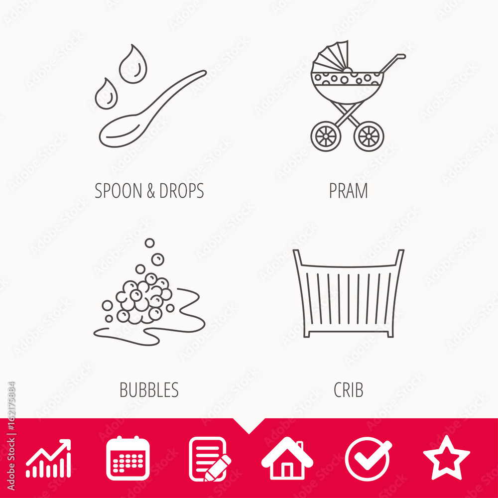 Pram carriage, spoon and drops icons. Bubbles, crib bed linear signs. Edit document, Calendar and Graph chart signs. Star, Check and House web icons. Vector Pram carriage, spoon and drops icons. Bubbles, crib bed linear signs. Edit document, Calendar and Graph chart signs. Star, Check and House web icons. Vector