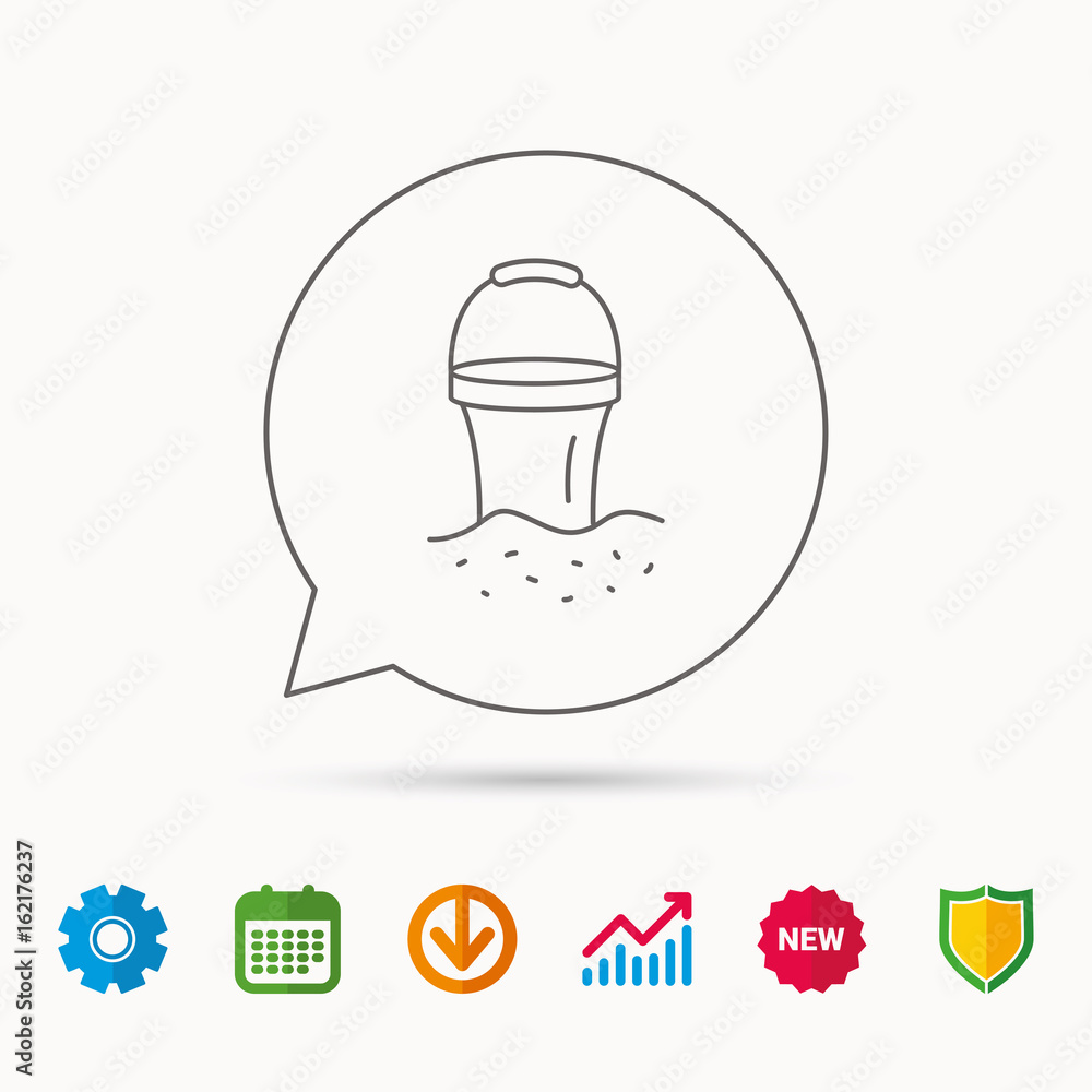 Bucket in sand icon. Trash bin sign. Child beach game symbol. Calendar, Graph chart and Cogwheel signs. Download and Shield web icons. Vector Bucket in sand icon. Trash bin sign. Child beach game symbol. Calendar, Graph chart and Cogwheel signs. Download and Shield web icons. Vector
