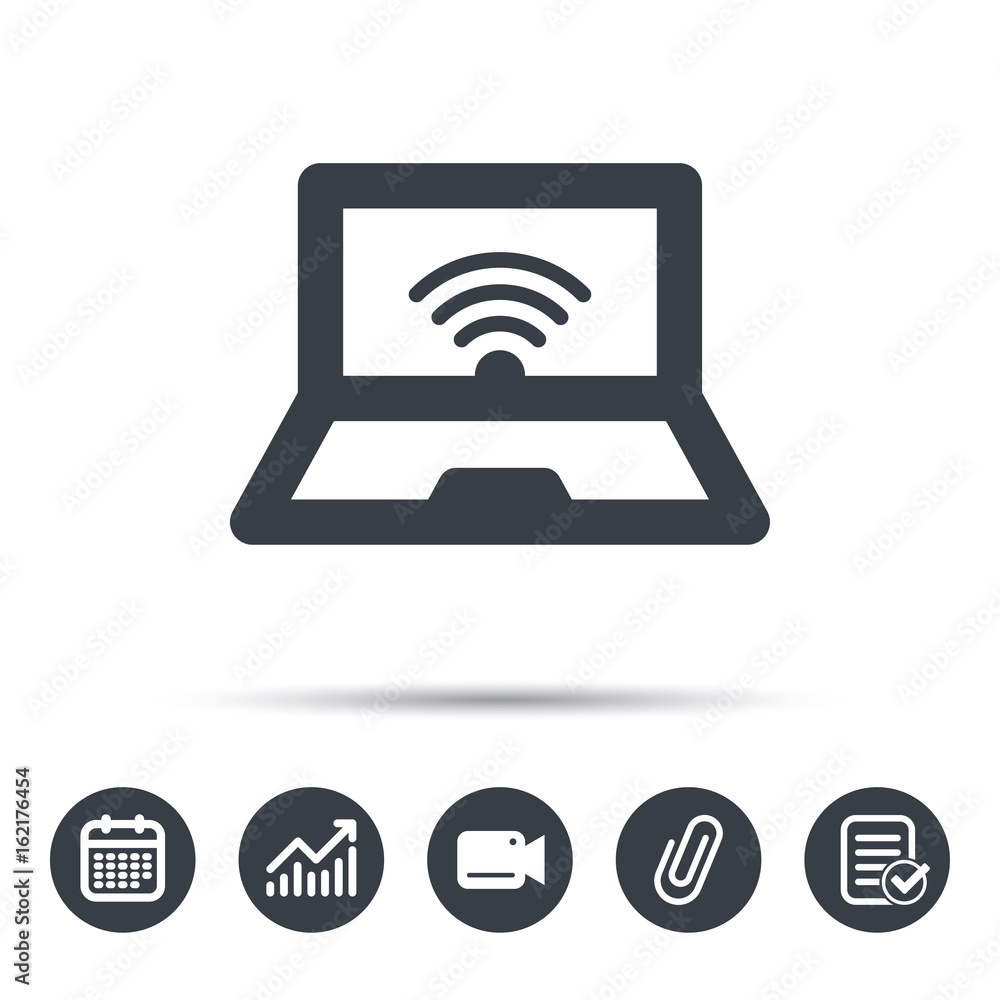Computer with wifi icon. Notebook or laptop pc symbol. Calendar, chart and  checklist signs. Video camera and attach clip web icons. Vector  Stock-Vektorgrafik | Adobe Stock