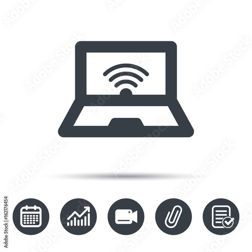 Computer with wifi icon. Notebook or laptop pc symbol. Calendar, chart and checklist signs. Video camera and attach clip web icons. Vector