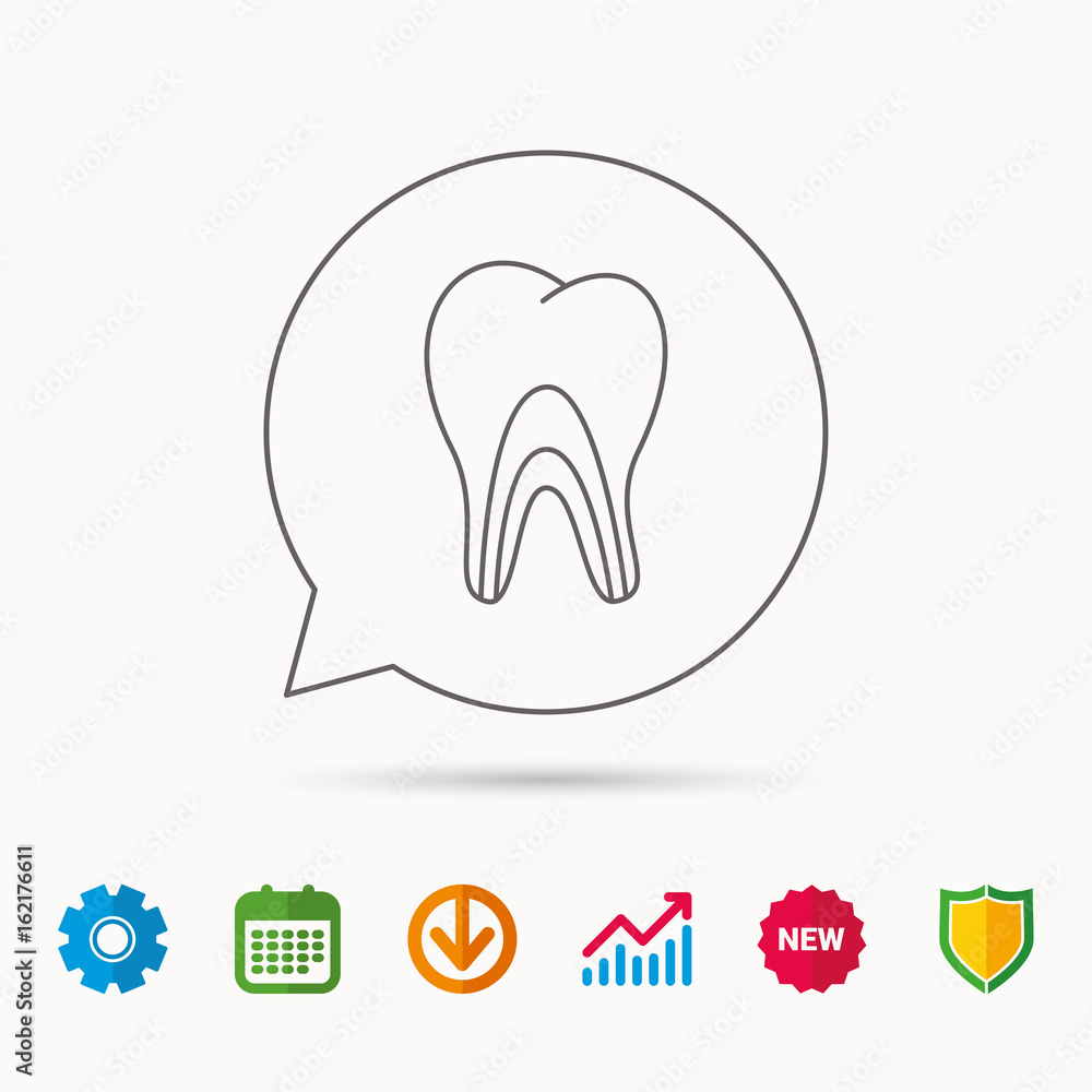 Dentinal tubules icon. Tooth medicine sign. Calendar, Graph chart and Cogwheel signs. Download and Shield web icons. Vector Dentinal tubules icon. Tooth medicine sign. Calendar, Graph chart and Cogwheel signs. Download and Shield web icons. Vector