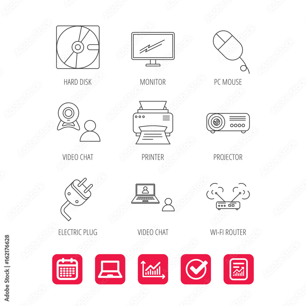 Monitor, printer and wi-fi router icons. Video chat, electric plug and pc mouse linear signs. Projector, hard disk icons. Report document, Graph chart and Calendar signs. Laptop and Check web icons Monitor, printer and wi-fi router icons. Video chat, electric plug and pc mouse linear signs. Projector, hard disk icons. Report document, Graph chart and Calendar signs. Laptop and Check web icons