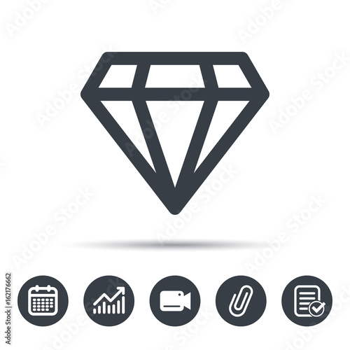 Diamond icon. Jewelry gem symbol. Brilliant jewel sign. Calendar, chart and checklist signs. Video camera and attach clip web icons. Vector