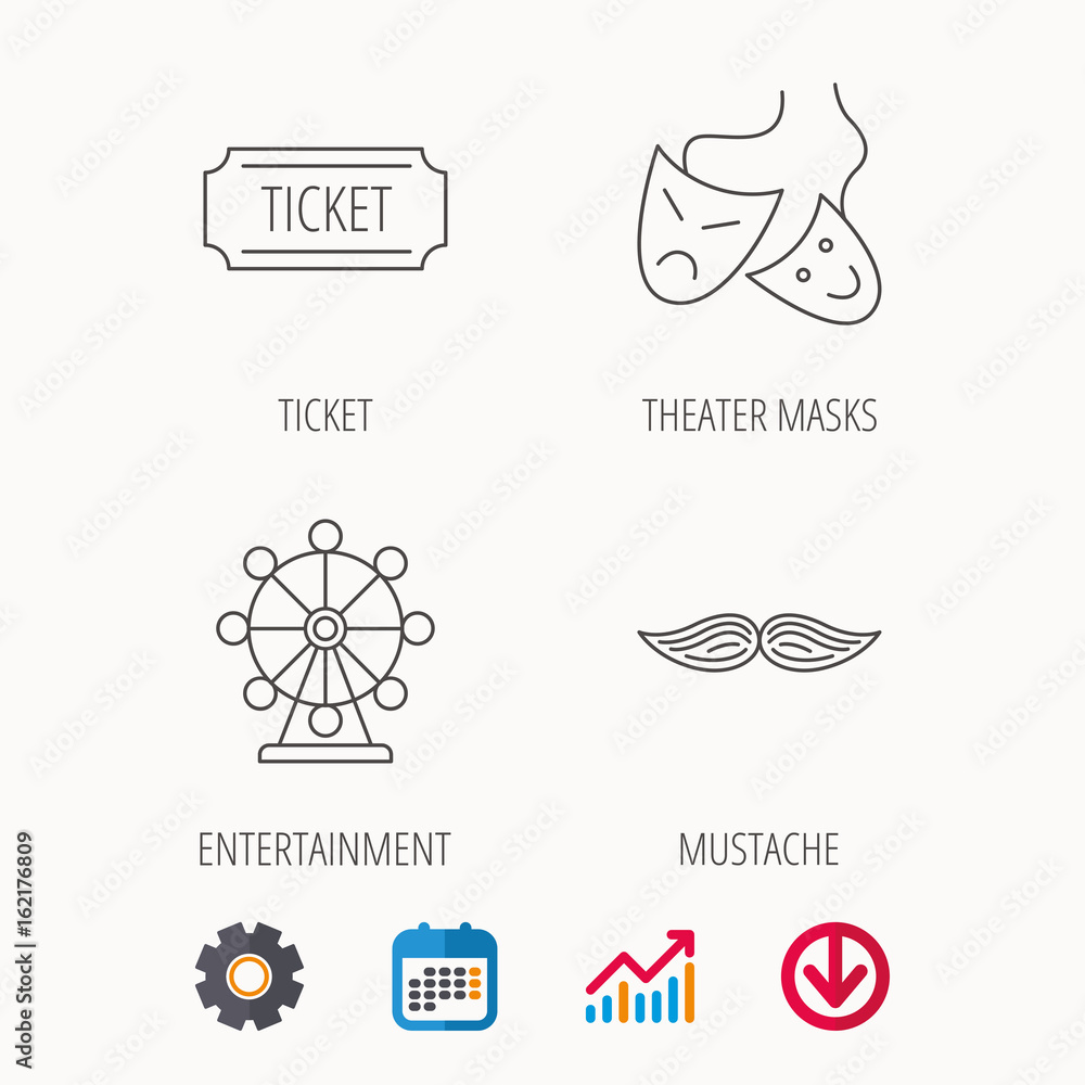 Ferris wheel, ticket and theater masks icons. Mustache linear sign. Calendar, Graph chart and Cogwheel signs. Download colored web icon. Vector