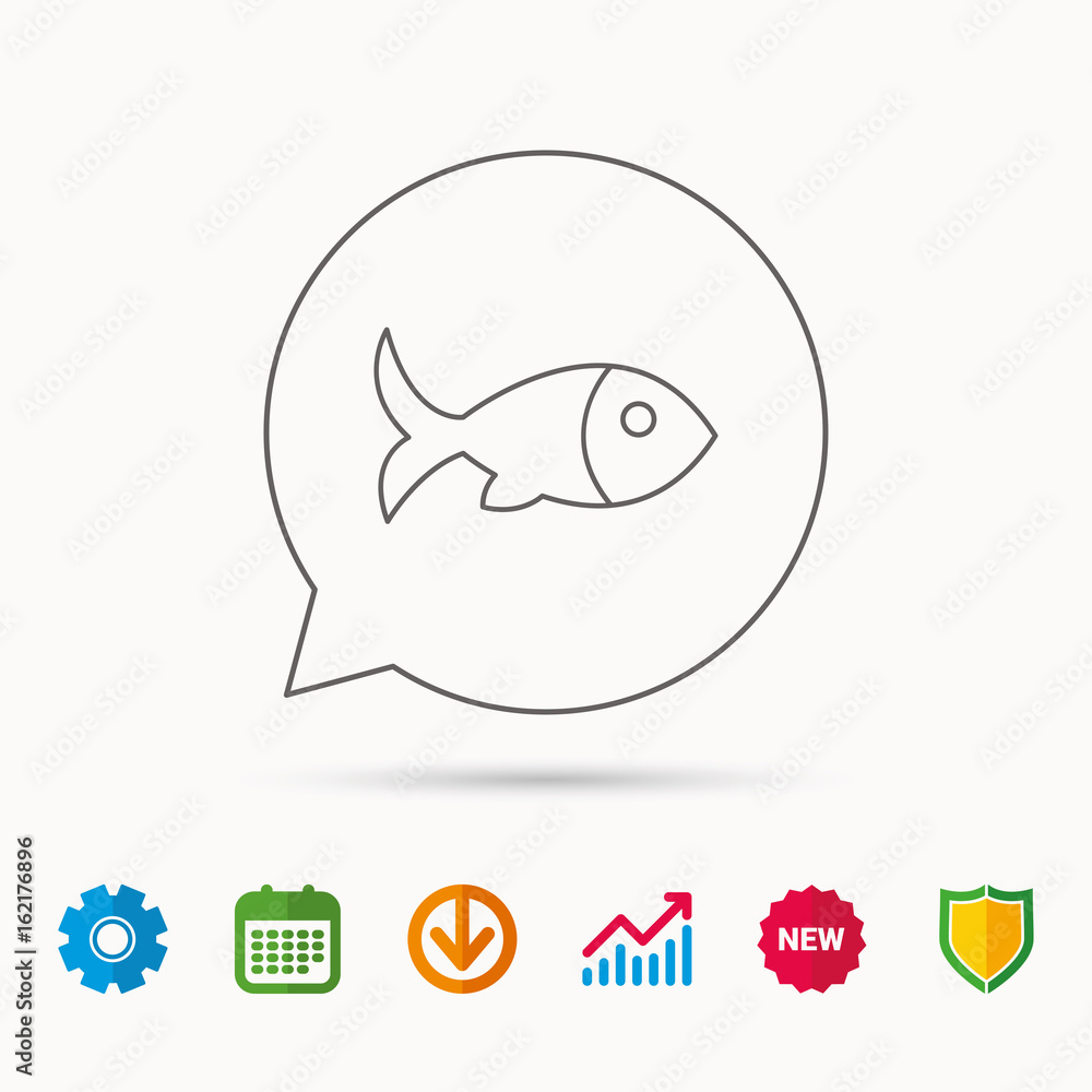 Fish with fin icon. Seafood sign. Vegetarian food symbol. Calendar, Graph chart and Cogwheel signs. Download and Shield web icons. Vector Fish with fin icon. Seafood sign. Vegetarian food symbol. Calendar, Graph chart and Cogwheel signs. Download and Shield web icons. Vector