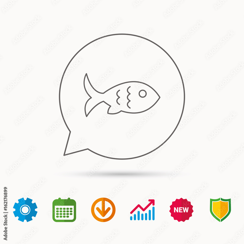 Fish with fin and scales icon. Seafood sign. Vegetarian food symbol. Calendar, Graph chart and Cogwheel signs. Download and Shield web icons. Vector Fish with fin and scales icon. Seafood sign. Vegetarian food symbol. Calendar, Graph chart and Cogwheel signs. Download and Shield web icons. Vector