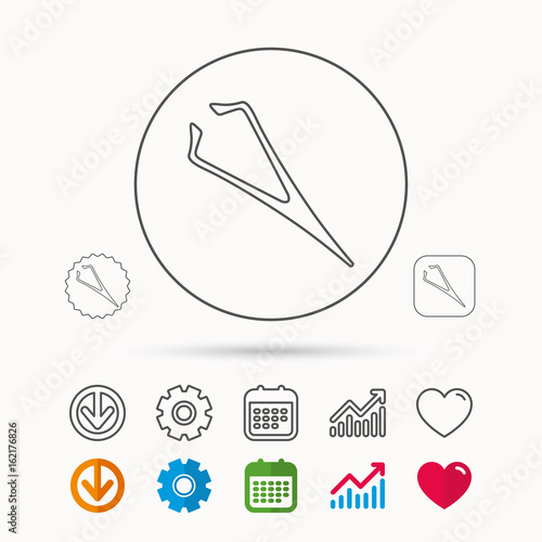 Eyebrow tweezers icon. Cosmetic equipment sign. Aesthetic beauty symbol. Calendar, Graph chart and Cogwheel signs. Download and Heart love linear web icons. Vector