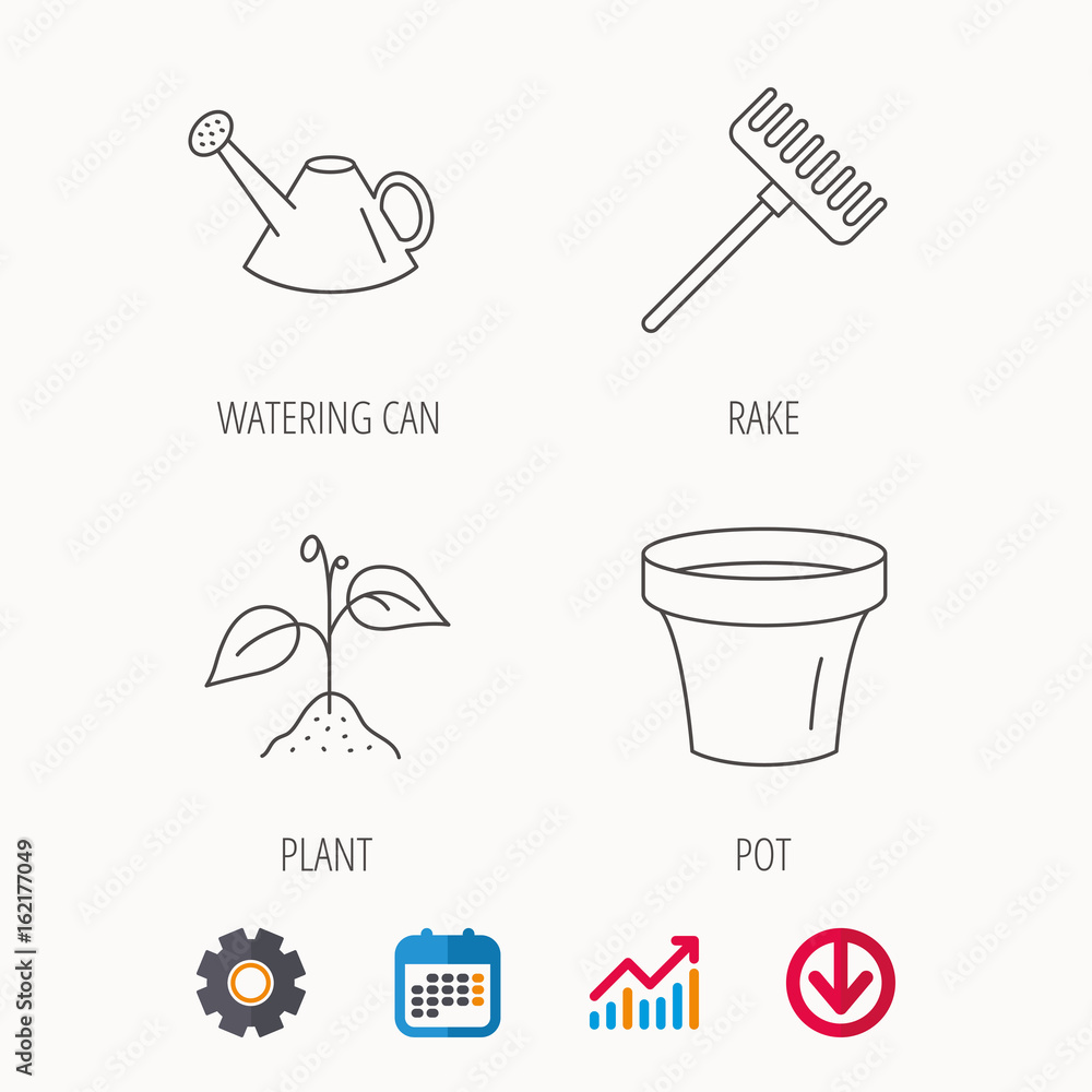 Sprout plant, watering can and pot icons. Rake linear sign. Calendar, Graph chart and Cogwheel signs. Download colored web icon. Vector Sprout plant, watering can and pot icons. Rake linear sign. Calendar, Graph chart and Cogwheel signs. Download colored web icon. Vector