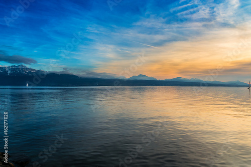 Lac Leman (Geneva Lake) in Lausanne, Switzerland. Sunset.