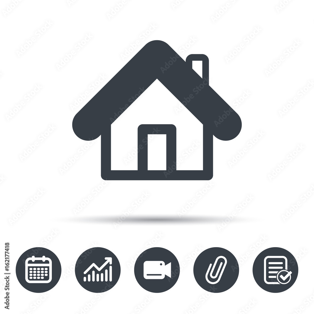 Home icon. House building symbol. Real estate construction. Calendar, chart and checklist signs. Video camera and attach clip web icons. Vector Home icon. House building symbol. Real estate construction. Calendar, chart and checklist signs. Video camera and attach clip web icons. Vector