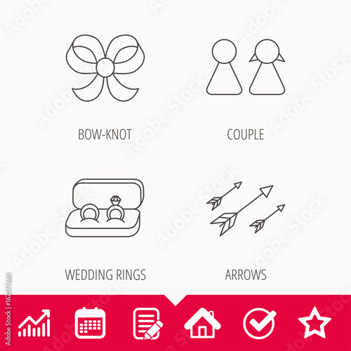 Arrows, couple and wedding rings icons. Bow-knot linear sign. Edit document, Calendar and Graph chart signs. Star, Check and House web icons. Vector