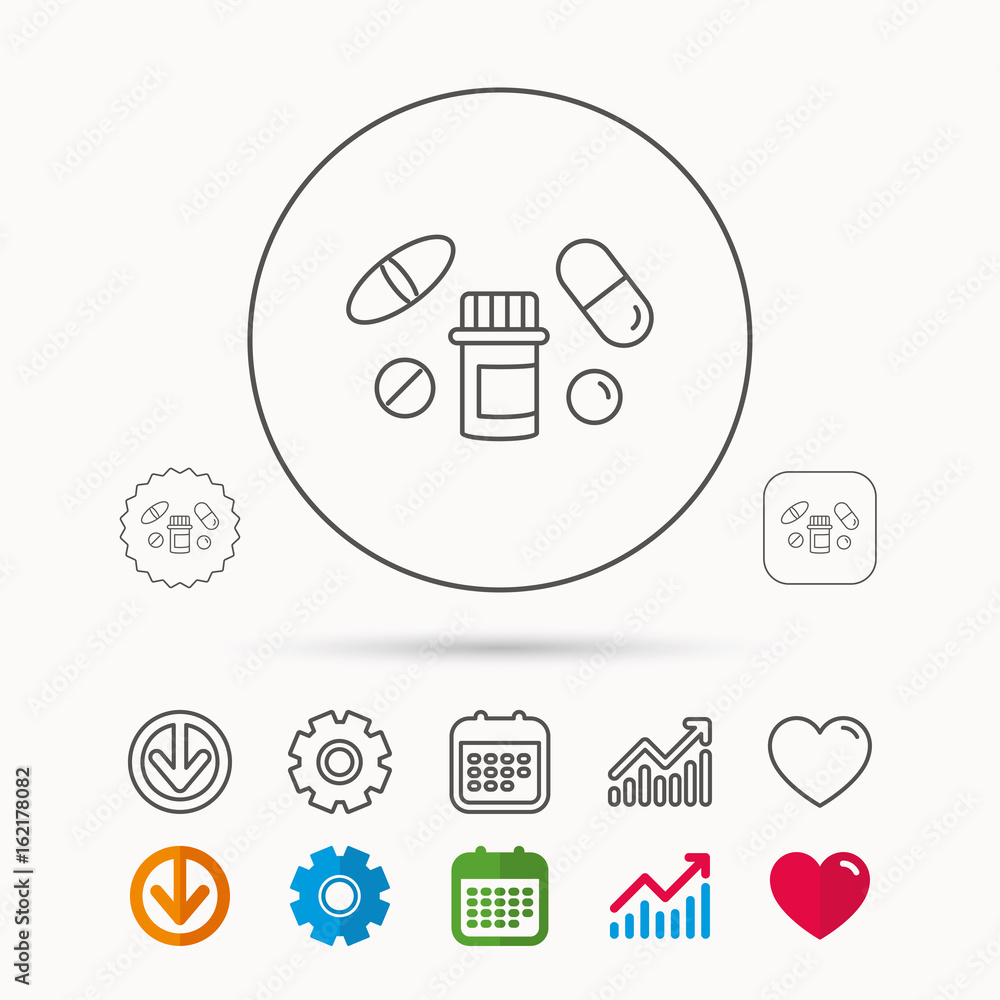 Pills icon. Pharmacy bottle sign. Medical drugs symbol. Calendar, Graph chart and Cogwheel signs. Download and Heart love linear web icons. Vector Pills icon. Pharmacy bottle sign. Medical drugs symbol. Calendar, Graph chart and Cogwheel signs. Download and Heart love linear web icons. Vector