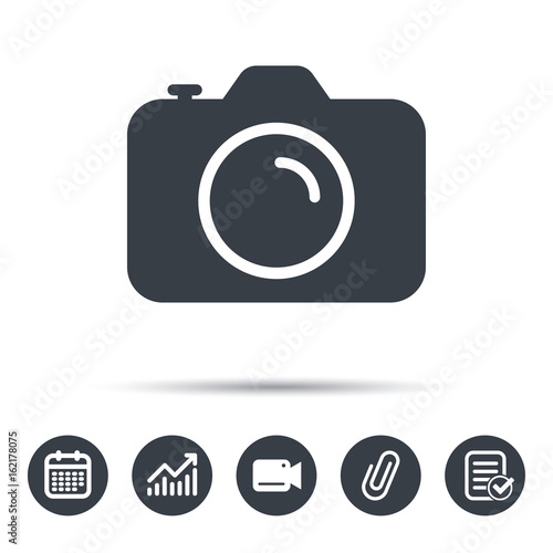 Camera icon. Professional photocamera symbol. Calendar, chart and checklist signs. Video camera and attach clip web icons. Vector