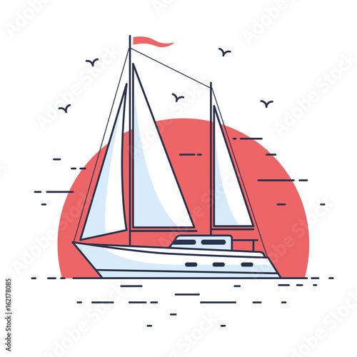 Image of luxury sailing yacht floating on the waves of the sea in background setting sun. Side view. Flat style.