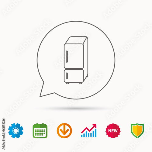 Refrigerator icon. Fridge sign. Calendar, Graph chart and Cogwheel signs. Download and Shield web icons. Vector