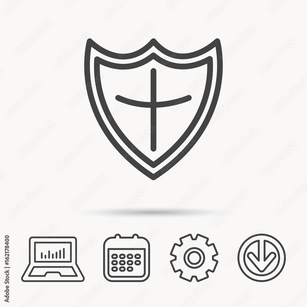 Shield icon. Protection sign. Royal defence symbol. Notebook, Calendar and Cogwheel signs. Download arrow web icon. Vector Shield icon. Protection sign. Royal defence symbol. Notebook, Calendar and Cogwheel signs. Download arrow web icon. Vector