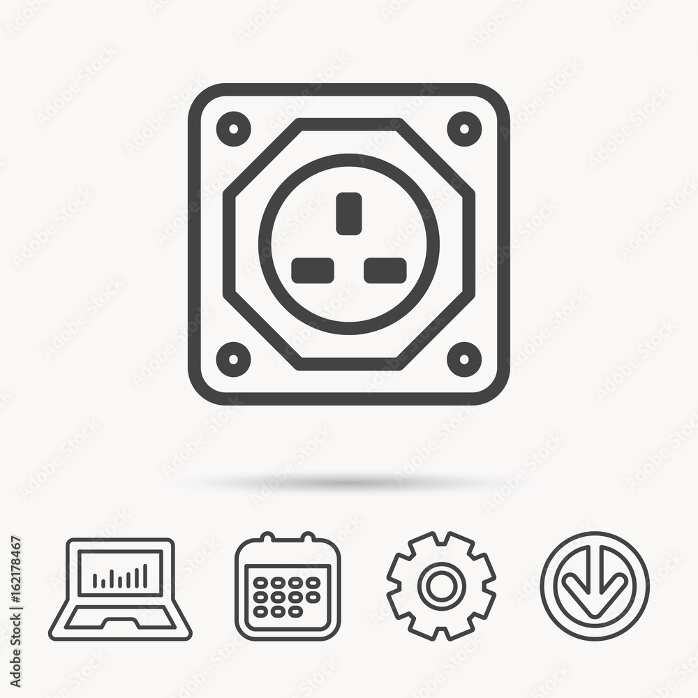 UK socket icon. Electricity power adapter sign. Notebook, Calendar and Cogwheel signs. Download arrow web icon. Vector UK socket icon. Electricity power adapter sign. Notebook, Calendar and Cogwheel signs. Download arrow web icon. Vector