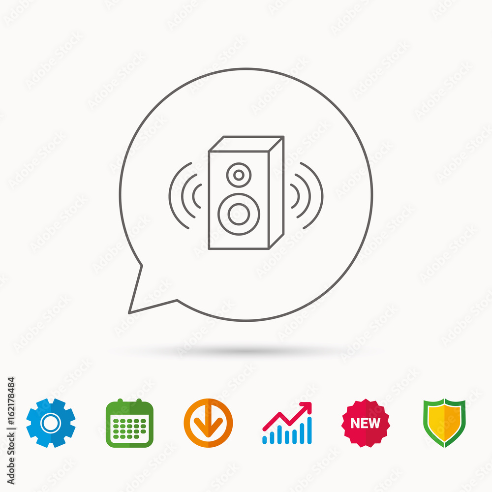Sound icon. Musical speaker sign. Calendar, Graph chart and Cogwheel signs. Download and Shield web icons. Vector Sound icon. Musical speaker sign. Calendar, Graph chart and Cogwheel signs. Download and Shield web icons. Vector
