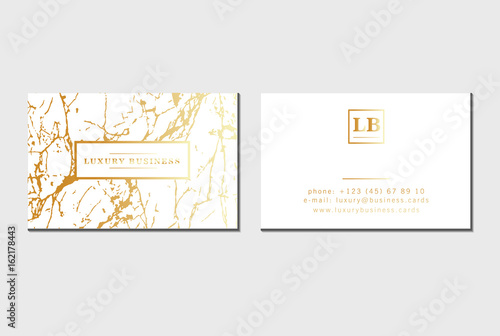 Luxury business cards vector template, banner and cover with marble texture and golden foil details on white background. Branding and identity graphic design photo