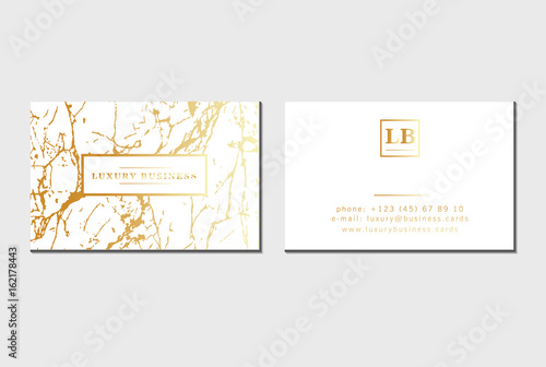 Luxury business cards vector template, banner and cover with marble texture and golden foil details on white background. Branding and identity graphic design