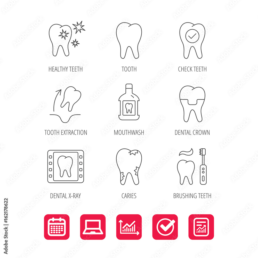 Tooth, dental crown and mouthwash icons. Caries, tooth extraction and hygiene linear signs. Brushing teeth flat line icon. Report document, Graph chart and Calendar signs. Laptop and Check web icons Tooth, dental crown and mouthwash icons. Caries, tooth extraction and hygiene linear signs. Brushing teeth flat line icon. Report document, Graph chart and Calendar signs. Laptop and Check web icons
