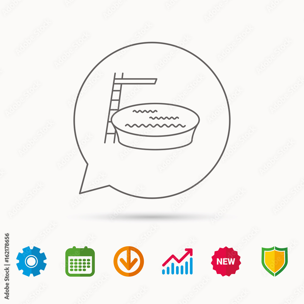 Swimming pool icon. Jumping into water sign. Calendar, Graph chart and Cogwheel signs. Download and Shield web icons. Vector Swimming pool icon. Jumping into water sign. Calendar, Graph chart and Cogwheel signs. Download and Shield web icons. Vector