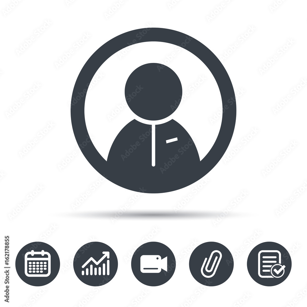 User icon. Human person symbol. Calendar, chart and checklist signs. Video camera and attach clip web icons. Vector User icon. Human person symbol. Calendar, chart and checklist signs. Video camera and attach clip web icons. Vector