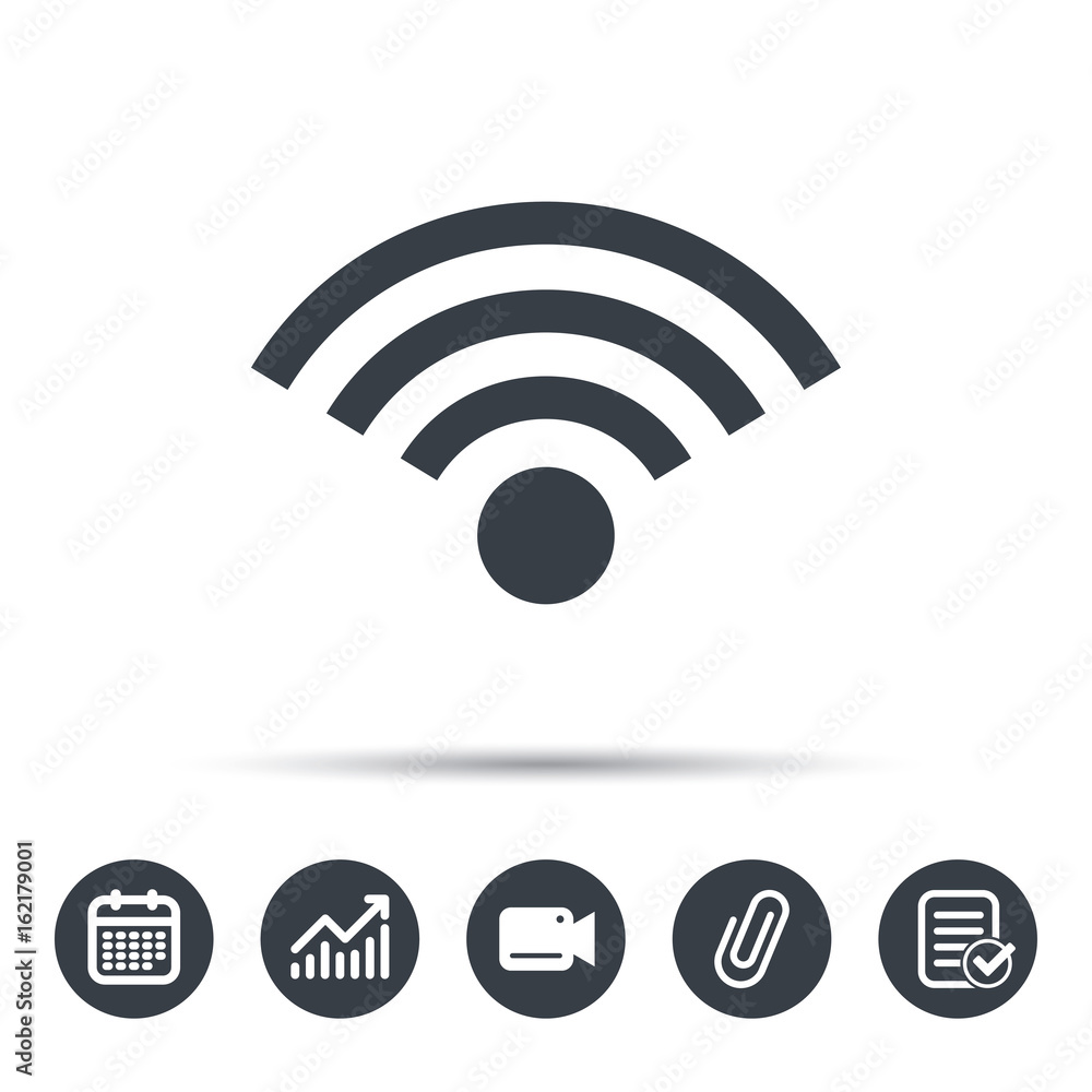 Wifi icon. Wireless internet sign. Communication technology symbol. Calendar, chart and checklist signs. Video camera and attach clip web icons. Vector Wifi icon. Wireless internet sign. Communication technology symbol. Calendar, chart and checklist signs. Video camera and attach clip web icons. Vector