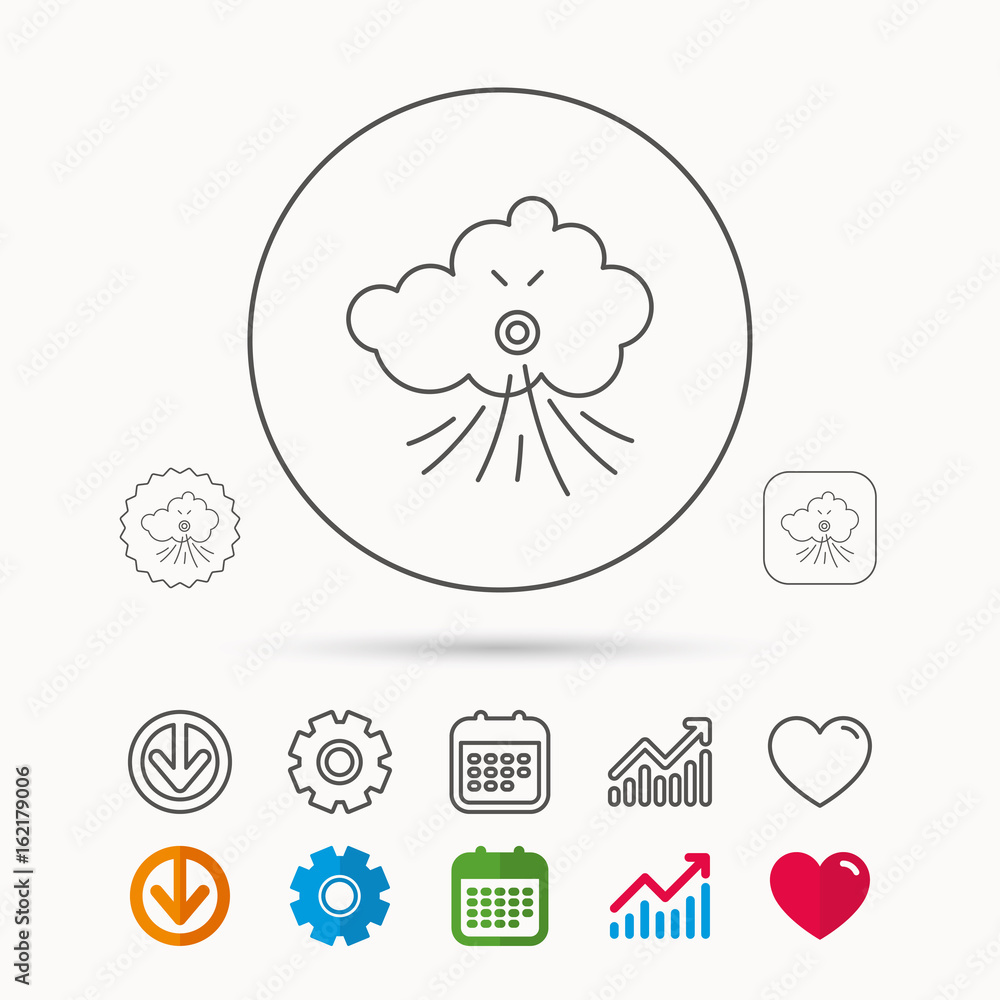 Wind icon. Cloud with storm sign. Strong wind or tempest symbol. Calendar, Graph chart and Cogwheel signs. Download and Heart love linear web icons. Vector Wind icon. Cloud with storm sign. Strong wind or tempest symbol. Calendar, Graph chart and Cogwheel signs. Download and Heart love linear web icons. Vector