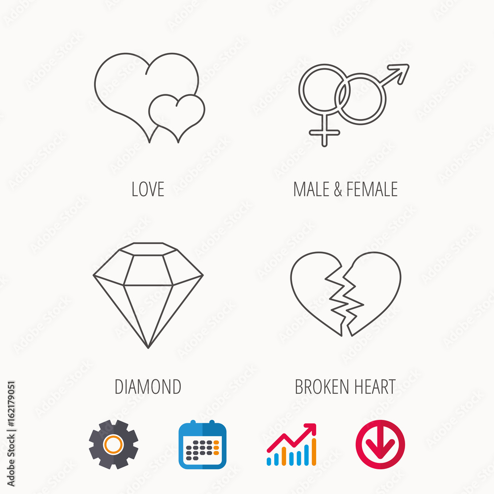 Love heart, brilliant diamond and male, female icons. Broken heart or divorce linear sign. Calendar, Graph chart and Cogwheel signs. Download colored web icon. Vector