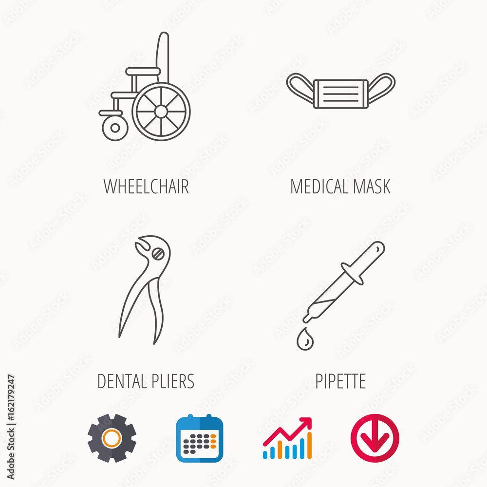 Medical mask, pipette and dental pliers icons. Wheelchair linear sign. Calendar, Graph chart and Cogwheel signs. Download colored web icon. Vector Medical mask, pipette and dental pliers icons. Wheelchair linear sign. Calendar, Graph chart and Cogwheel signs. Download colored web icon. Vector