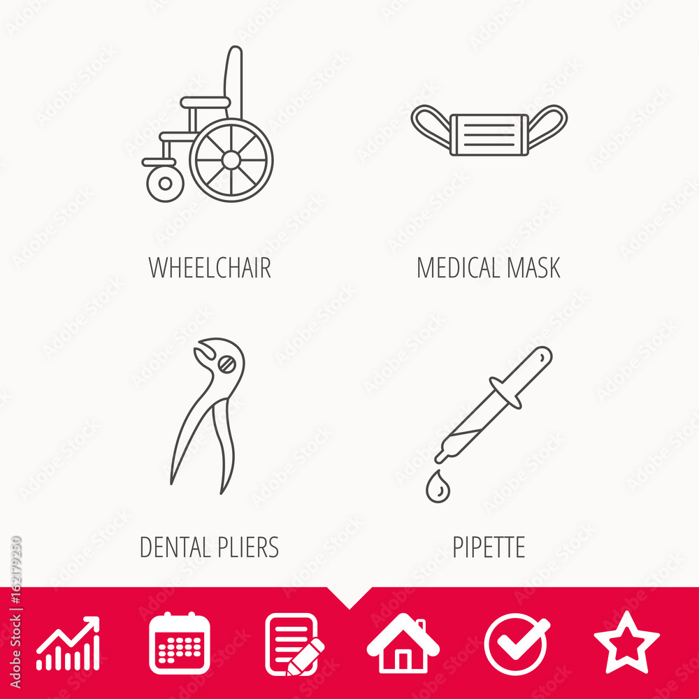 Medical mask, pipette and dental pliers icons. Wheelchair linear sign. Edit document, Calendar and Graph chart signs. Star, Check and House web icons. Vector Medical mask, pipette and dental pliers icons. Wheelchair linear sign. Edit document, Calendar and Graph chart signs. Star, Check and House web icons. Vector