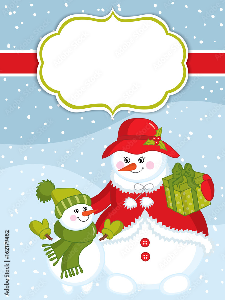 Vector Christmas and New Year card template with snowmen on snow background. Vector snowman.