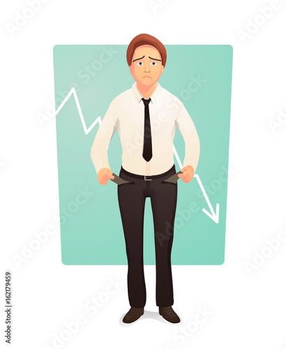 Bankrupt businessman showing his empty pants pockets. Bankrupt concept.