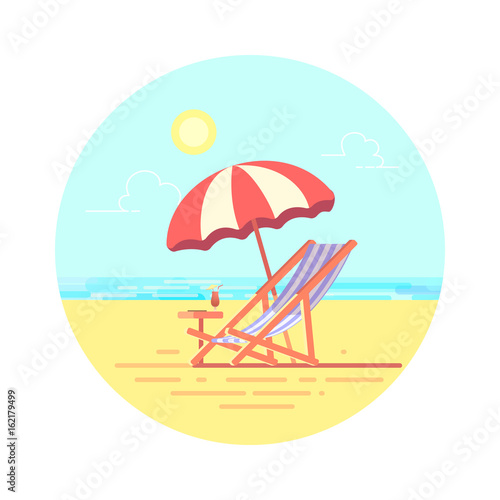 Beach chaise longue with umbrella vector flat illustration.