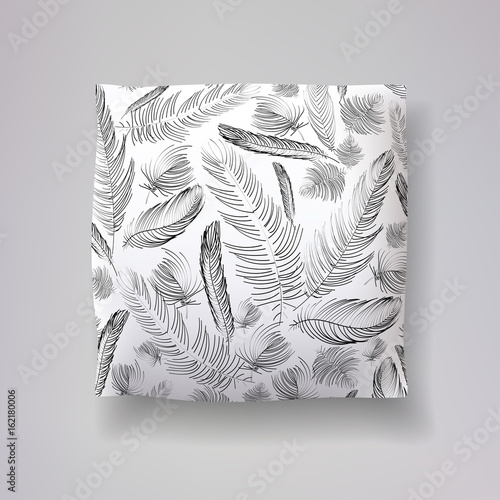 Realistic 3d throw pillow models with hand drawn feather print. Apartment interior design elements. Vector cushion.