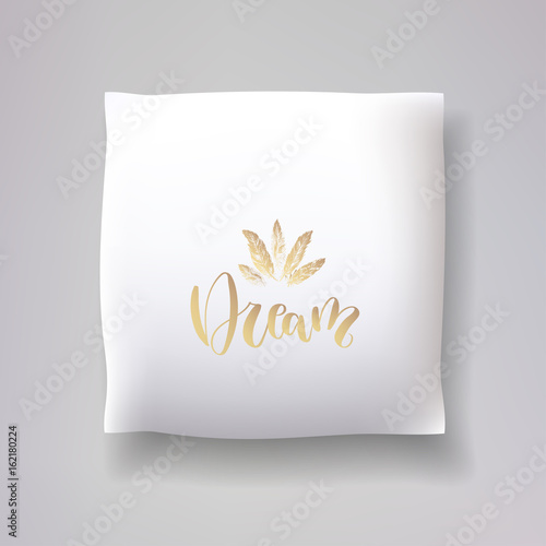 Realistic 3d throw pillow models with lettering print. Apartment interior design elements. Vector cushions collection.