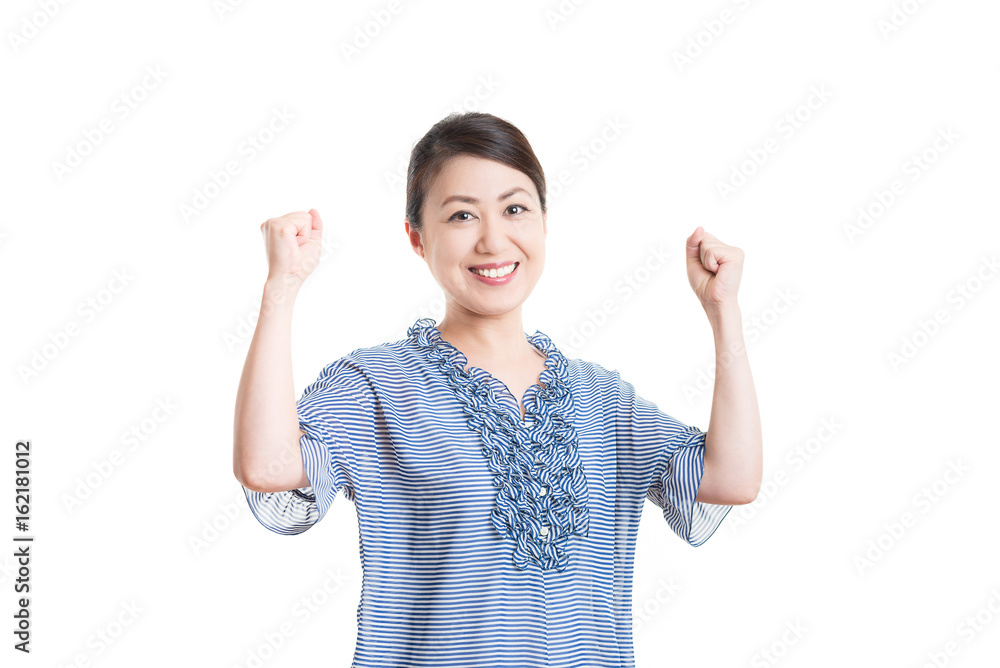 日本人女性 白背景 ガッツポーズ 日本人女性 白背景 ガッツポーズ