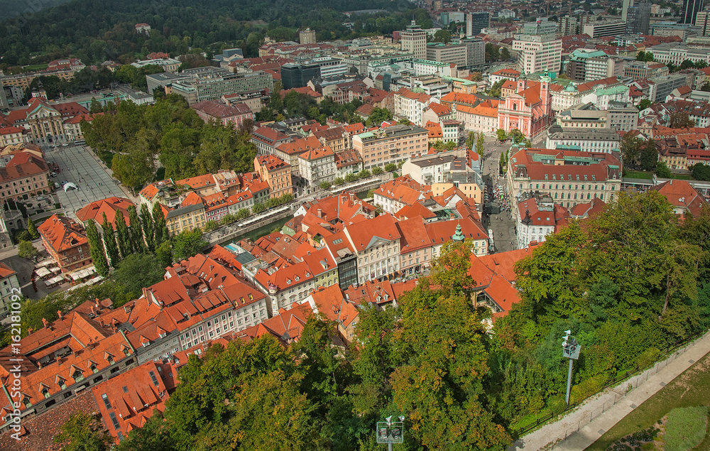Aerial view over castle and Ljubljana in Slovenia